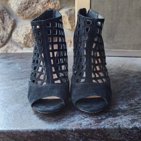 Audrey Brooke “Marseille” Black Suede Open Toe Gladiator Heels Bootie Size 8.5M - Picture 10 of 16